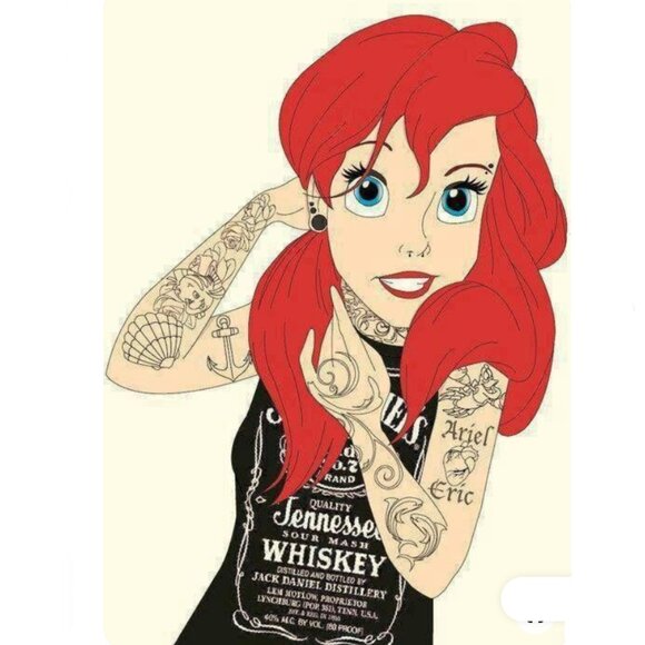Disney Punk ARIEL Black TShirt Tattooed Rock Goth Emo Grunge Little Mermaid Red - Picture 12 of 14
